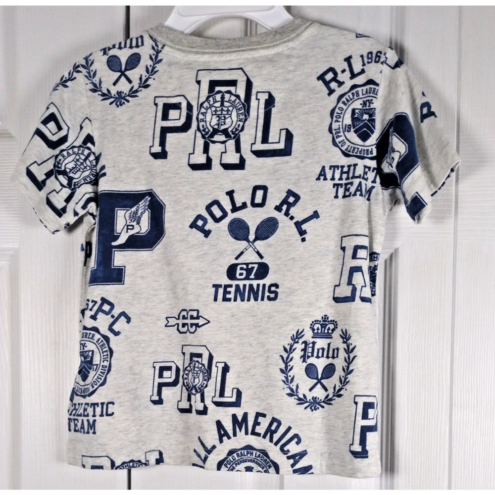 Polo Ralph Lauren Boys Size 2 T-Shirt Gray Multi Graphic Crest Tennis Tee NWOT